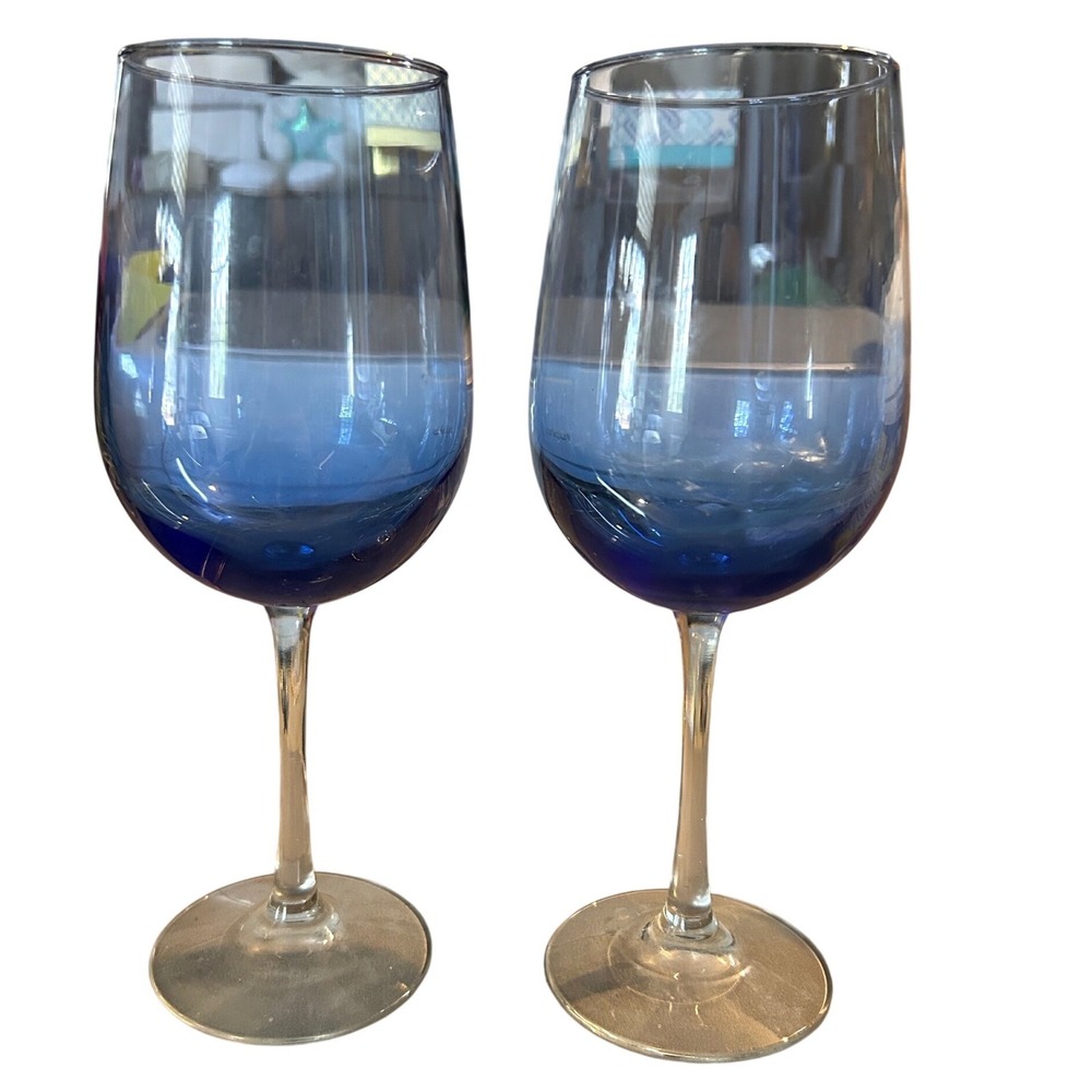 Blue Ombre Wine Glass Set of 2 Gradient Cobalt Clear Stem 9 Inch Barware